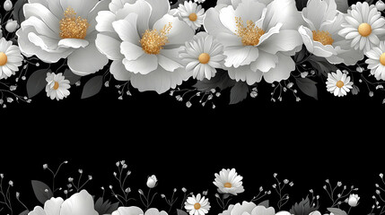Elegant floral border design featuring white peonies and daisies on a black background, ideal for invitations or decorations