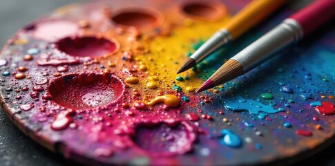 Obraz premium A vibrant artist's palette brimming with colorful oil paints, ready for the next masterpiece Brushes rest gently beside the richly hued mixture , macro, paint, tools