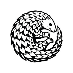 Black and White Pangolin Curled Up, Isolated on White, Scaled Anteater, Mammal