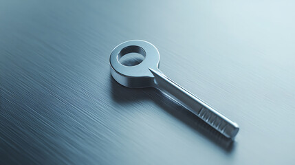 Metallic tool with circular opening and elongated shaft on a brushed metal surface, showcasing simplicity and modern design. Reflective finish.