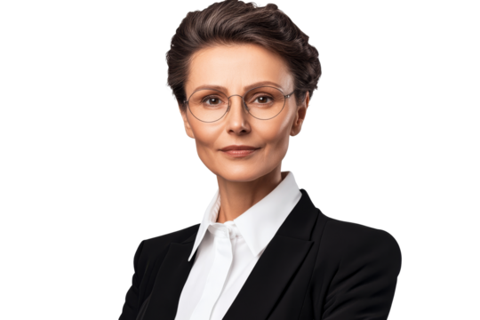 Professional woman with glasses, suit, and tie «, cut out transparent" - Powered by Adobe