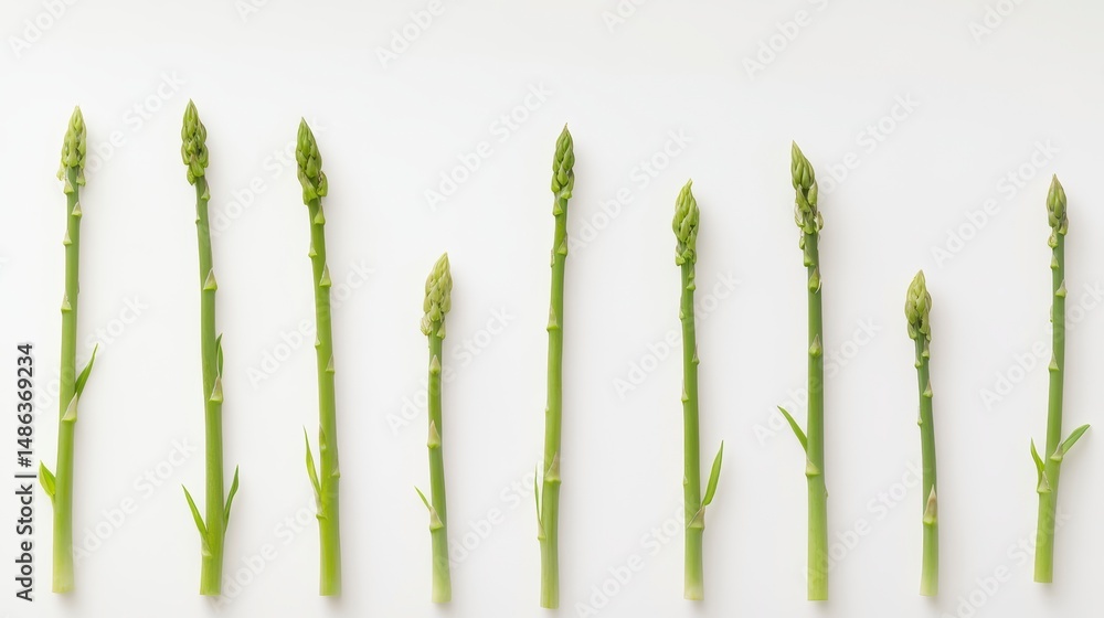 Poster fresh green asparagus spears arranged in a row on a white background.