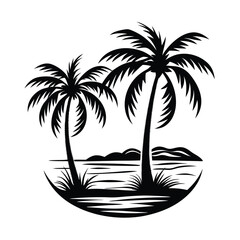Silhouette Palm Trees with Island View, Black and White Minimalist Scene, Coastline Trees