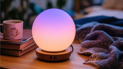 Warm, spherical lamp on a wooden base.