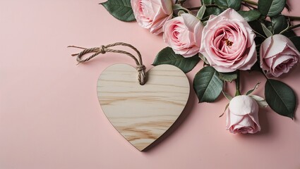Wooden heart decoration with twine and pink roses on a light pink background for valentine"s day gift