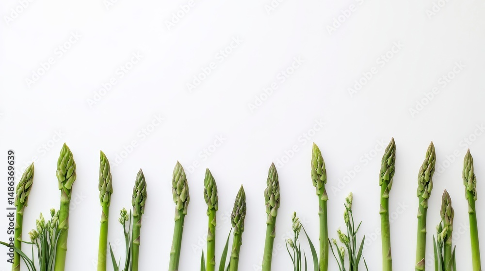 Poster fresh green asparagus spears arranged in a row on a white background, leaving copy space.