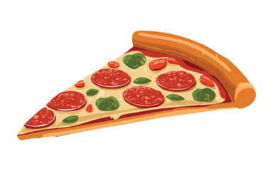 Single Slice of Pizza with Pepperoni and Basil - Vector Illustration