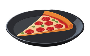 Single Slice of Pepperoni Pizza on Black Plate - Vector Illustration