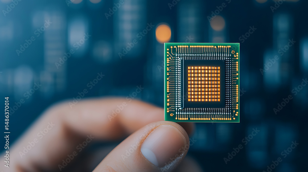 Poster close-up of a microchip held in someone's fingers. it represents modern technology, data processing,