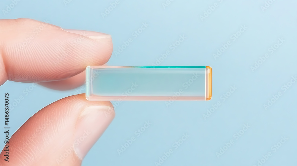 Poster close-up shot of a translucent, rectangular object with rounded edges being held between two fingers