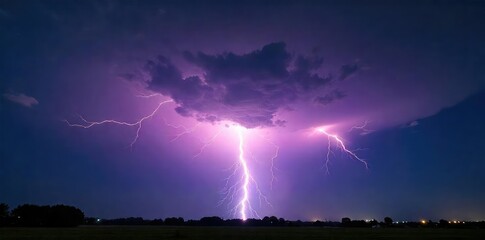 Close-up view of a powerful lightning strike captured during a summer thunderstorm, illuminating the night sky with brilliant flashes and branching patterns , meteorological, illumination