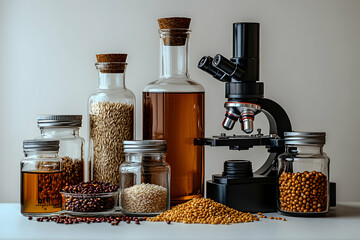 Various jars of grains and oils arranged with a microscope, showcasing a scientific exploration of food ingredients