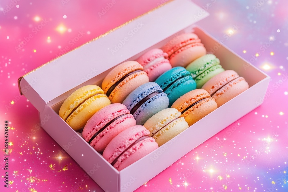 Poster assorted macaroons displayed in a white box on a pastel pink background with sparkles, assorted maca