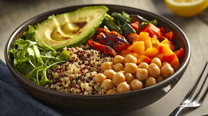 Quinoa Bowl with Chickpeas, Avocado, and Roasted Vegetables