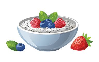 Chia Yogurt Bowl with Berries - Vector Illustration