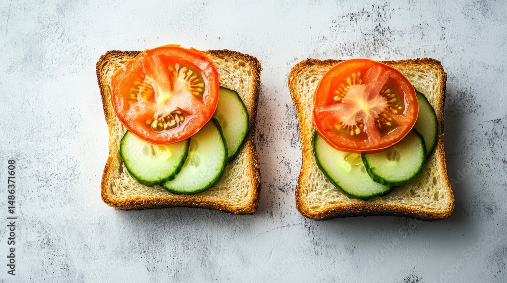 Aufkleber two open-faced sandwiches with tomato and cucumber slices on toasted bread.