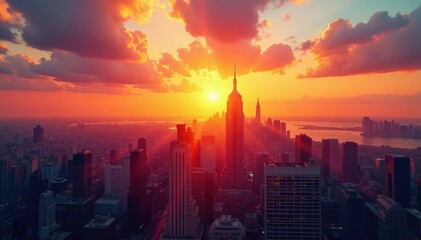 Fototapeta premium Golden hour sunrise over a cityscape, skyscrapers silhouetted against the vibrant sky , clouds, golden hour