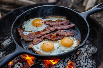 Sizzling bacon and sunny side up eggs cooking in cast iron skillet over open fire, A cast iron skillet with bacon and eggs cooking over a campfire
