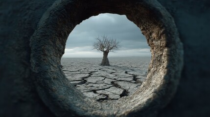 A lone tree stands on cracked, dry earth, framed by a circular opening, symbolizing drought and environmental struggle.