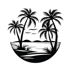 Silhouette Palm Trees Over Ocean, Tropical Island Black and White Logo Design