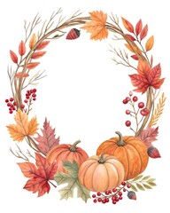 Fototapeta premium “Vertical fall-themed wreath with orange and red maple leaves, pumpkins, berries and twigs forming a soft arch on top and bottom, blank center for seasonal message, watercolor style” 