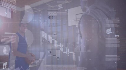 Coach guiding athlete practicing shots while sports tech graphs and data overlays moving around gym - Powered by Adobe