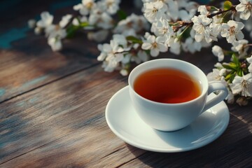 Enjoying a warm cup of tea with delicate blossoms nearby on a rustic wooden surface, background cup of tea with saucer on wooden surface amidst blossoming branches
