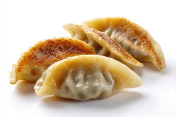 A plate of delicious gyoza dumplings, isolated on a clean white background