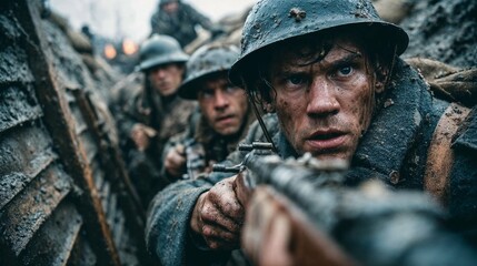 Obraz premium Intense assault by tense soldiers during trench warfare.