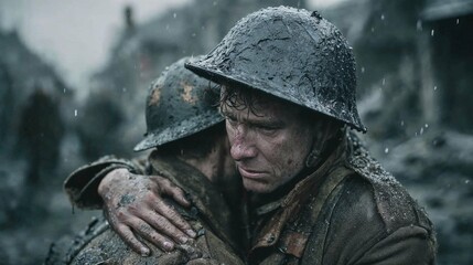 Obraz premium Two soldiers embracing after a traumatic battle in the rain, trauma, loss, brotherhood, emotional aftermath of war, human resilience under suffering.