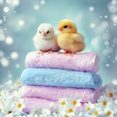Chicks on pink and blue towels arranged in column, baby concept.