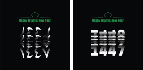 Happy Islamic New Hijri Year 1447 with Arabic number, green mosque silhouette isolated on black background. Passing from 1446 into New Year 1447 Hijriyah Flip Text Effect.