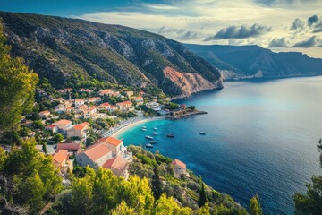 Obraz premium Aerial view of Assos village in Kefalonia showcasing the beautiful sea and harbor, Assos village Kefalonia aerial view Beautiful sea and nature landscape