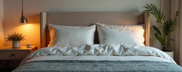Serene bedroom scene featuring a plush headboard, soft pillows, and calming lighting, perfect for relaxation and restful sleep , lighting, headboard design