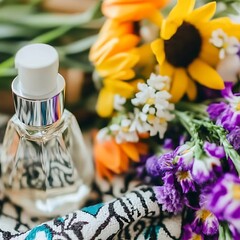 Aromatic essence displayed with vibrant floral arrangement and textured fabric