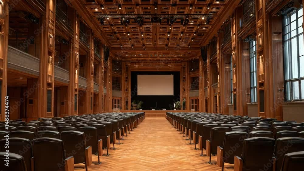 Poster modern conference hall with rows of chairs and large screen setup for presentations in 4k quality