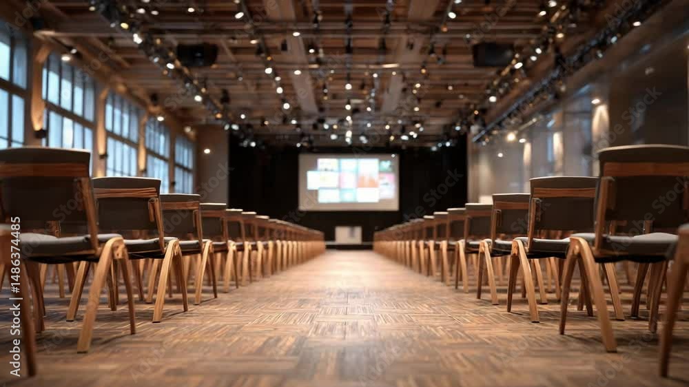 Aufkleber empty conference hall with rows of chairs and a large screen in 4k resolution