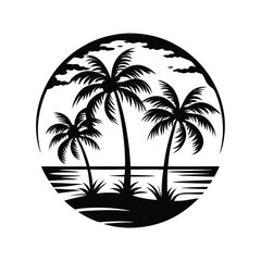 Obraz premium Palm Trees Silhouette Circle with Sea, Cloudy Sky, Isolated on White Background