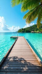 Serene island dock extending into calm turquoise water, sun-drenched wooden planks, idyllic tropical scene perfect for relaxation and escape , quiet, idyllic, solitude