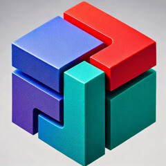 geometric puzzle, interlocking blocks, cube structure, 3D construction, spatial design, modular shape, abstract geometry, mechanical concept, structural arrangement, puzzle piece assembly, three-dimen
