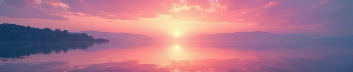 Obraz premium Serene sunrise paints the sky in soft, blushing hues, reflecting on calm, still water A scene of pure, untouched beauty Perfect for tranquility, peace, and nature themes , stillness, light, vibrant