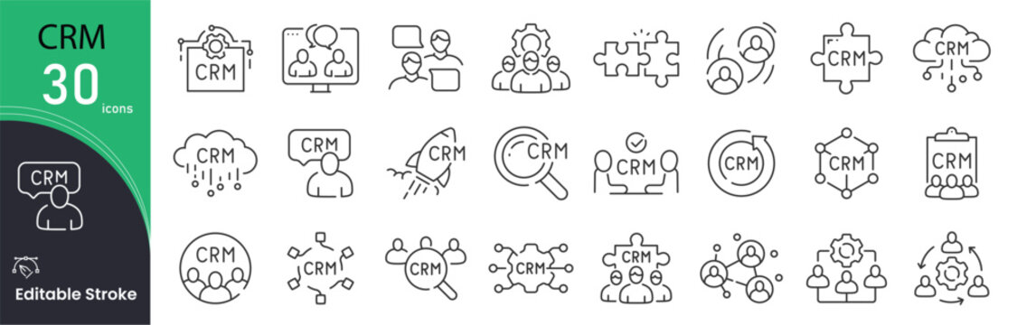 CRM related icon collections. Containing CRM, Customer, Relationship, Support, Communication, Contact, Feedback, Service, Interaction, and Management icons. Editable Stroke . Outline icon.