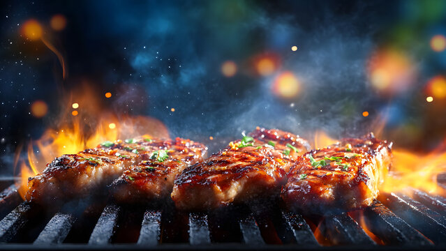 A closeup of grilling with flames and smoke background beef BBQ banner a closeup of grilling meat wallpaper meat on the grill banner summer barbecue background image