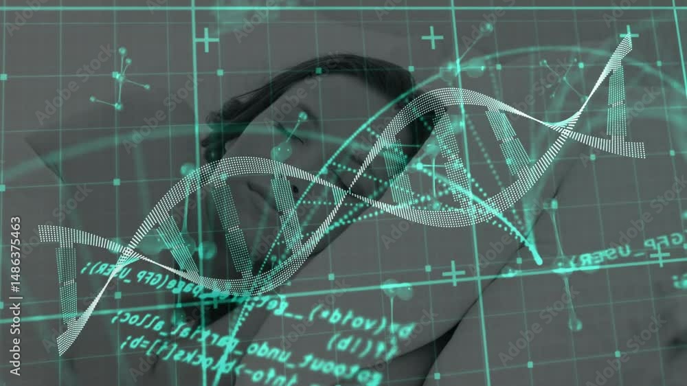 Poster woman lying flat with head on hand in science simulation, showing dna helix, code and grid
