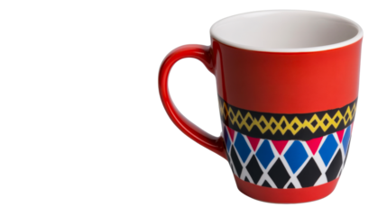 Red decorative ceramic mug with diamond pattern, cut out transparent