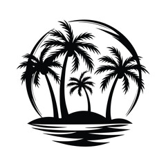 Tropical Palm Trees Silhouette Black Circle Frame, Island, Ocean Waves, White Back