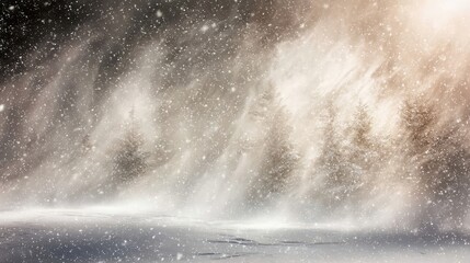 A snowstorm raging across a forest with snowflakes