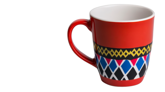Red decorative ceramic mug with diamond pattern, cut out transparent