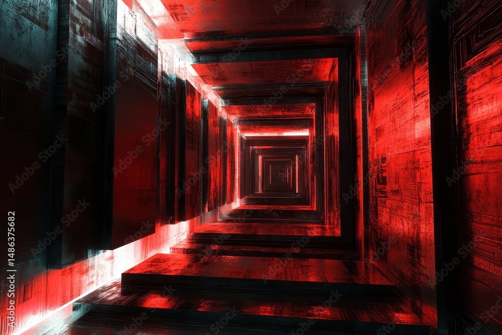 Poster intricate dark sci fi tunnel with red light effects in a floating environment, floating dark sci fi 