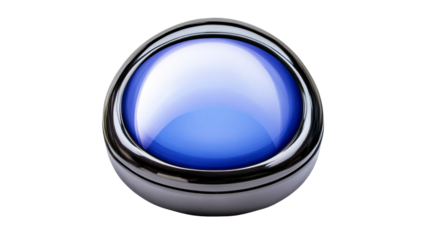Blue button with metallic border, chrome design, cut out transparent